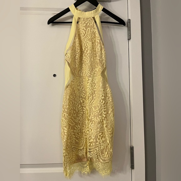 Yellow fitted dress with lace overlay appliqué - Picture 7 of 7
